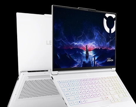 Legion 7i Gen 10 shown open and closed, highlighting RGB keyboard and rear cooling vents.
