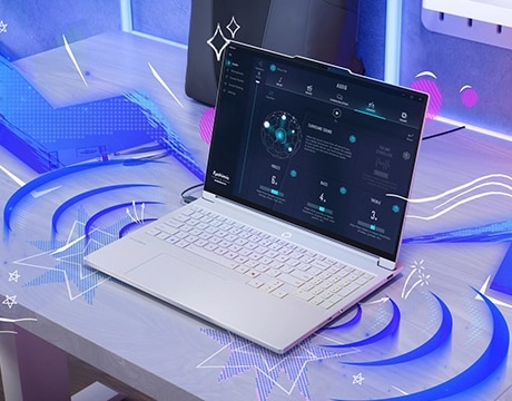 Legion 7i Gen 10 on a desk with blue animated effects surrounding the screen and keyboard.