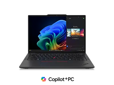 Front view showing display of the ThinkPad X13 Gen 6 (13” AMD), with a Copilot+ PC logo in the foreground.
