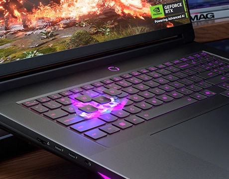 Close-up of Legion 9i RGB keyboard with transparent keycaps and GeForce RTX branding.