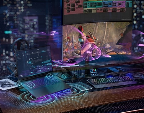 Visualizing immersive audio with Legion 9i in a dual-display gaming and streaming setup.
