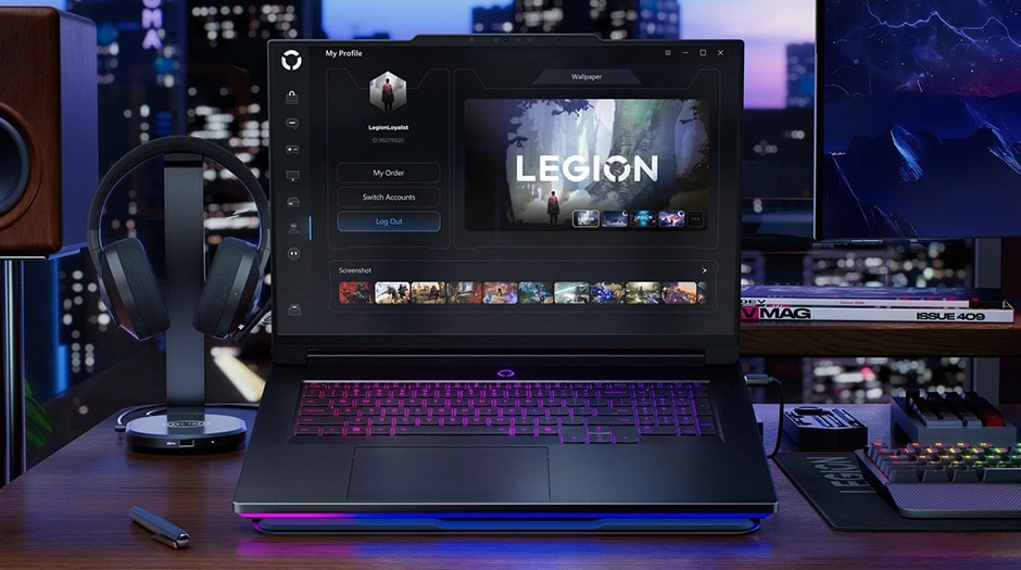 Legion 9i displaying personalized Legion Space profile with game library and custom wallpapers.