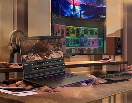 Floating angled top view showcasing Legion 9i’s unique forged carbon finish and slim profile.