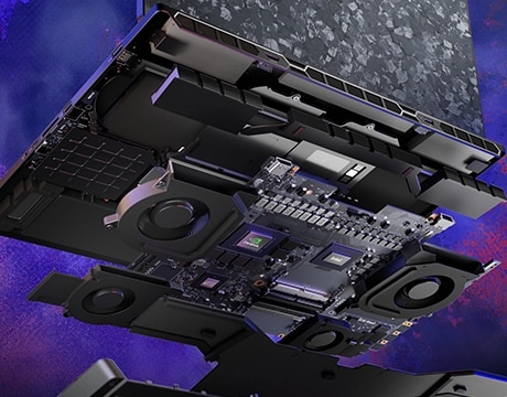 Exploded view of Legion 9i internals, spotlighting thermal components and fan configuration.