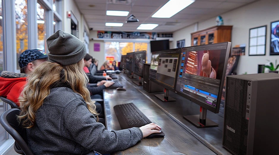 Several people sitting at a long counter, using multiple Lenovo ThinkStation P2 Tower Gen 2 Workstations in a modern classroom setting