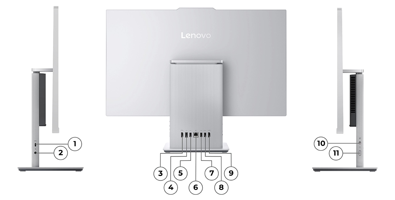 Three Lenovo IdeaCentre AIO Gen 10 (24" AMD) all-in-one Copilot+ PCs in Cloud Grey – left profile, rear view, and right profile, with ports numbered for identification