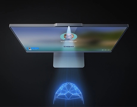 Overhead view, highlighting webcam, of the Lenovo IdeaCentre AIO Gen 10 (24" AMD) all-in-one Copilot+ PC