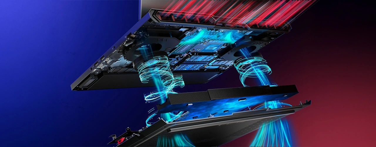 Lenovo Legion Pro 7i Gen 10 Intel (16") with RTX™ 5080 10 Portátil para juegos Lenovo Legion Pro 7i Gen 10 con una superposición digital que resalta su sistema de refrigeración y flujo de aire mientras ejecuta un juego.
