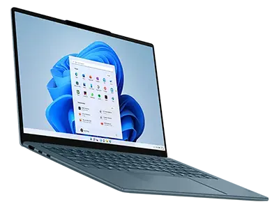 Front, left side slant view of Lenovo Yoga Slim 7 Gen 10 (14” AMD) laptop boasting its sleek profile & robust connectivity ports.