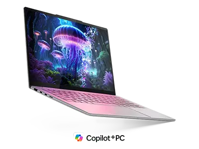 Lenovo Yoga Slim 7i Gen 10 Aura Edition floating front facing right with an AI generated jellyfish on the screen.