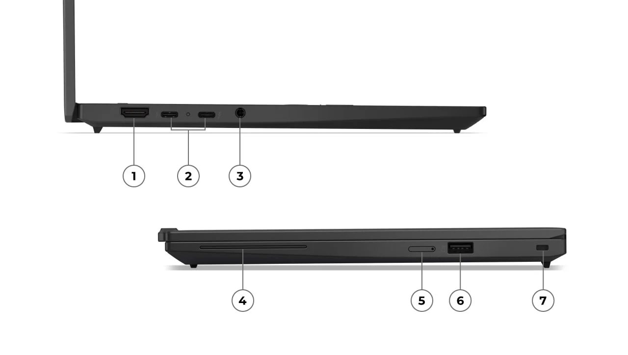 Vederi de profil st&acirc;nga și dreapta, cu cifre care identifică porturile, ale ThinkPad X13 Gen 6 (13&rdquo; AMD).