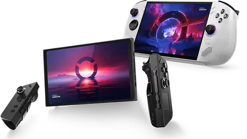 Lenovo Legion Go with its controllers detached and Lenovo Legion Go S floating next to each other in front of background with blue and red paint spatters.