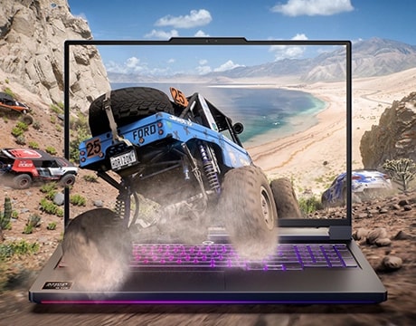 A monster truck rolls toward the beach on the monitor of a Lenovo Legion Pro 7 Gen 10 (16” AMD). מחשב נייד Legion Pro 7 16AFR10H 83RU001RIV מבית Lenovo