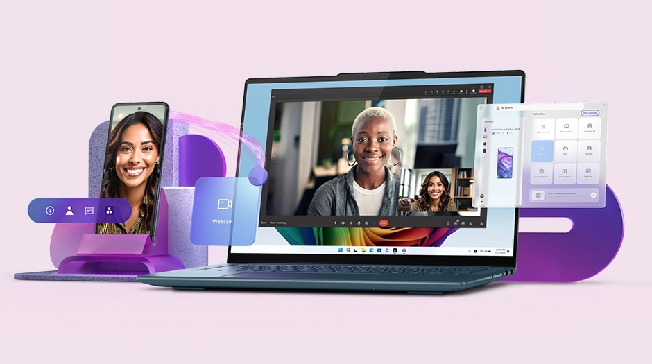 A smartphone and a laptop being used in conjunction for a videoconference, with the smartphone acting as the webcam. טאבלט Yoga Tab&nbsp;TB710FU ZAG60037IL Wi-Fi 12GB/256GB&nbsp;מבית&nbsp;Lenovo