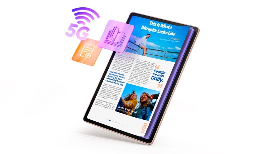 Lenovo Idea Tab Plus tablet – front view showing article on a disruptor, portrait orientation, sand rose, with a 5G symbol and two app icons in the air in front of it