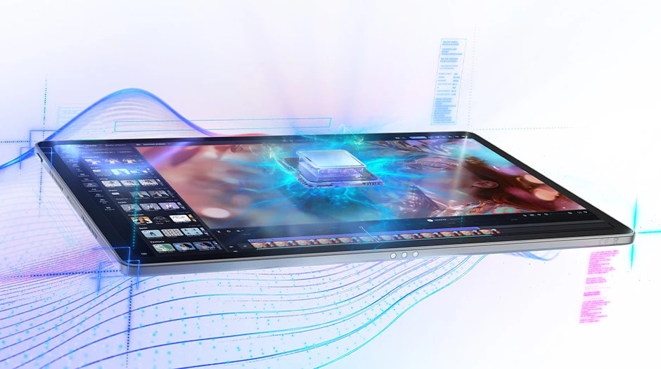 Lenovo Idea Tab Plus tablet &ndash; front-left view showing an app with a processor appearing to pop out of the display, lying almost flat, cloud grey, landscape orientation, with multiple colored lines and graphics in the air around it טאבלט Idea Tab Plus&nbsp;TB361FU ZAG70963IL Wi-Fi 12GB/256GB&nbsp;מבית&nbsp;Lenovo