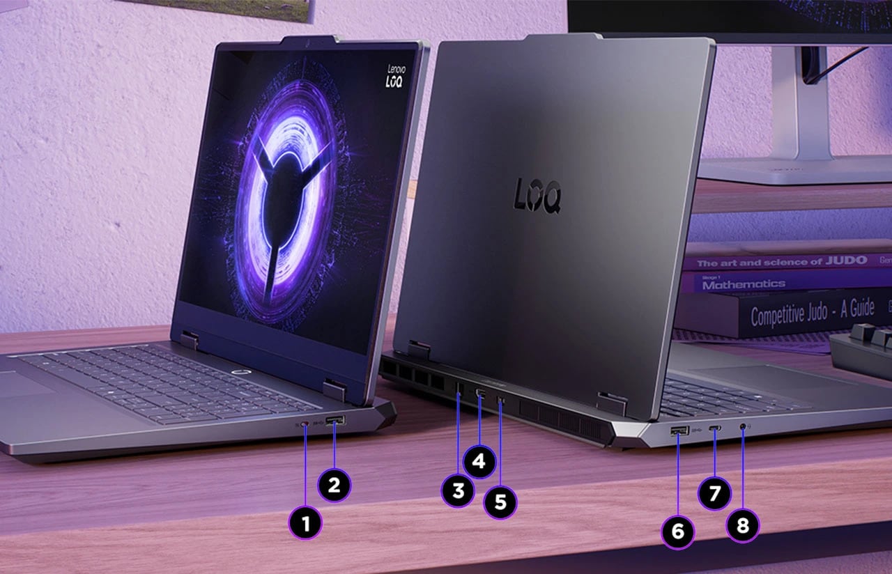 Two Lenovo LOQ Essential 15IRX11 gaming laptops – right-front and left-rear views, back to back on a desk, with ports numbered for identification.