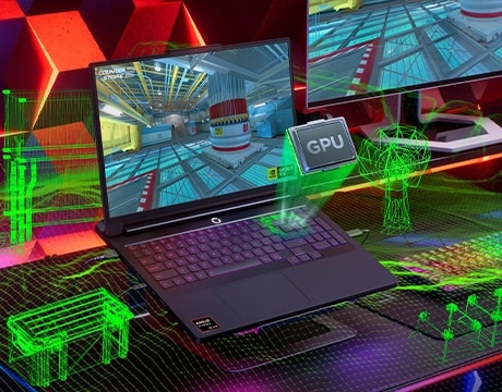 Breakout view of the GPU emerging from the Lenovo Legion Pro 7 Gen 10 (16” AMD), with colorful patterns in the background. מחשב נייד Legion Pro 7 16AFR10H 83RU001RIV מבית Lenovo