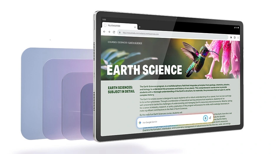 Lenovo Idea Tab Plus tablet &ndash; left-front view showing article on Earth Science, landscape orientation, appearing to stand, with four increasingly larger blue and violet rectangle graphics behind it טאבלט Idea Tab Plus&nbsp;TB361FU ZAG70963IL Wi-Fi 12GB/256GB&nbsp;מבית&nbsp;Lenovo