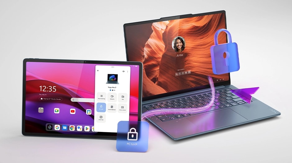 A Lenovo Idea Tab Plus tablet and a Lenovo laptop with padlock icons, emulating the use of the tablet to lock the PC טאבלט Idea Tab Plus&nbsp;TB361FU ZAG70963IL Wi-Fi 12GB/256GB&nbsp;מבית&nbsp;Lenovo