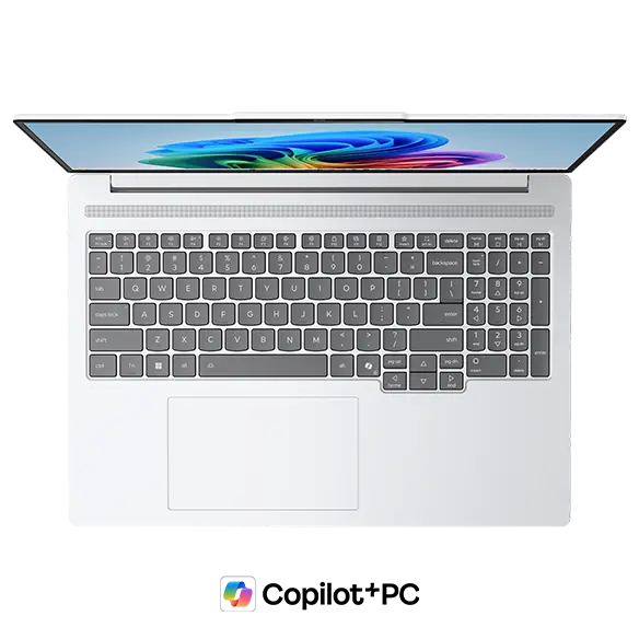 Top view, showing keyboard, of a White Lenovo IdeaPad Pro 5i Gen 11 (16” Intel) with a Copilot+ logo beneath it.
