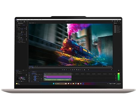 Lenovo Yoga Slim 7i Ultra Gen 11 Aura Edition 14 Front view, with a locomotive on the display, of the Lenovo Yoga Slim 7i Ultra Gen 11 Aura Edition (14” Intel).