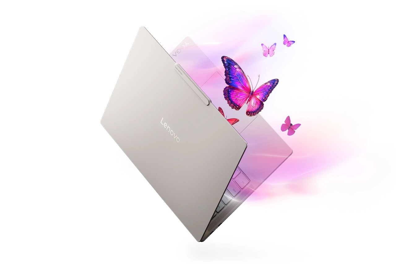 Lenovo Yoga Slim 7i Ultra Gen 11 Aura Edition 14 A partially opened Lenovo Yoga Slim 7i Ultra Gen 11 Aura Edition (14” Intel) with animated butterflies emerging from the display.