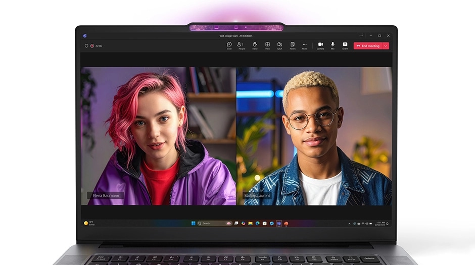 The display of the Lenovo Yoga Pro 7i Gen 11 Aura Edition (15&rdquo; Intel) showing two participants in a video call. מחשב נייד Yoga Pro 7&nbsp;Aura Edition 15IPH11 83SN002PIV&nbsp;מבית Lenovo