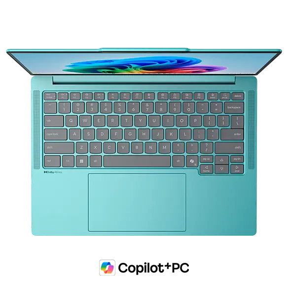 Top view, showing keyboard, of a Jelly Mint Lenovo IdeaPad Pro 5i Gen 11 (14” Intel) with a Copilot+ logo beneath it.