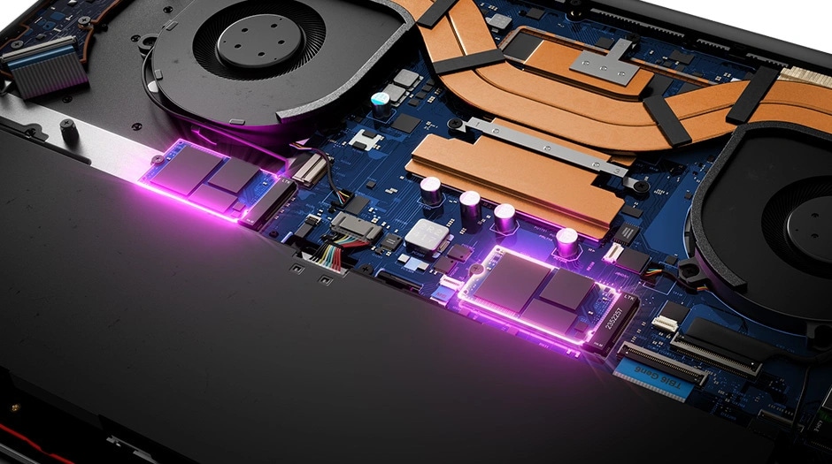Breakout view, showing upgradeable components, of the internals of the Lenovo IdeaPad Pro 5i Gen 11 (16” Intel). מחשב נייד IdeaPad Pro 5 16IPH11 83SK001YIV מבית Lenovo
