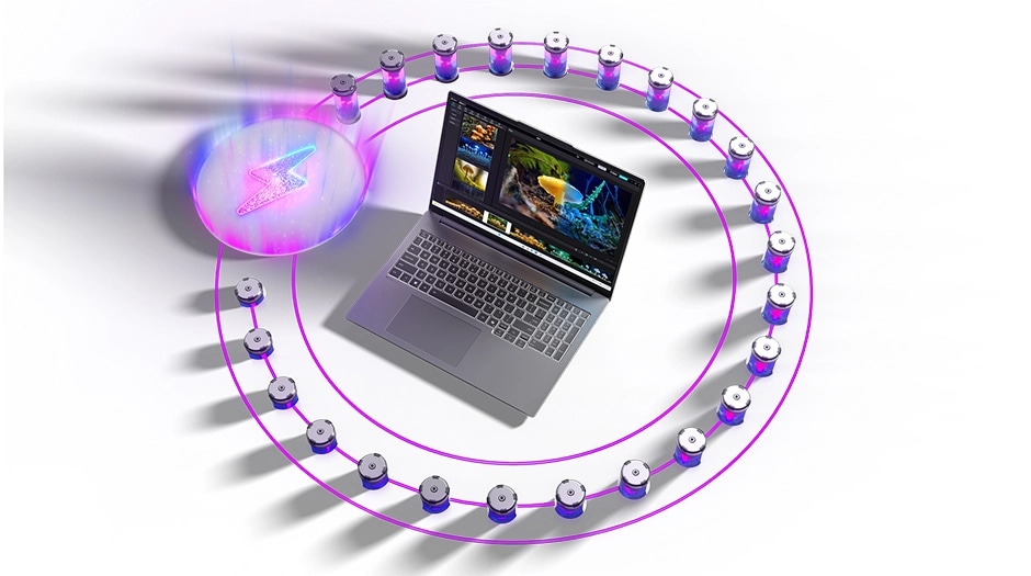 The Lenovo IdeaPad Pro 5i Gen 11 (16” Intel) surrounded by a circle of cylinders representing power. מחשב נייד IdeaPad Pro 5 16IPH11 83SK001YIV מבית Lenovo