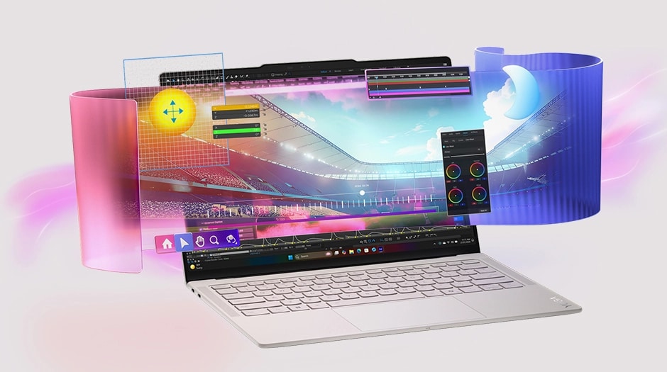 Lenovo Yoga Slim 7i Ultra Gen 11 Aura Edition 14 Front left angle view of the Lenovo Yoga Slim 7i Ultra Gen 11 Aura Edition (14” Intel) with a ribbon showing a soccer stadium on the display.