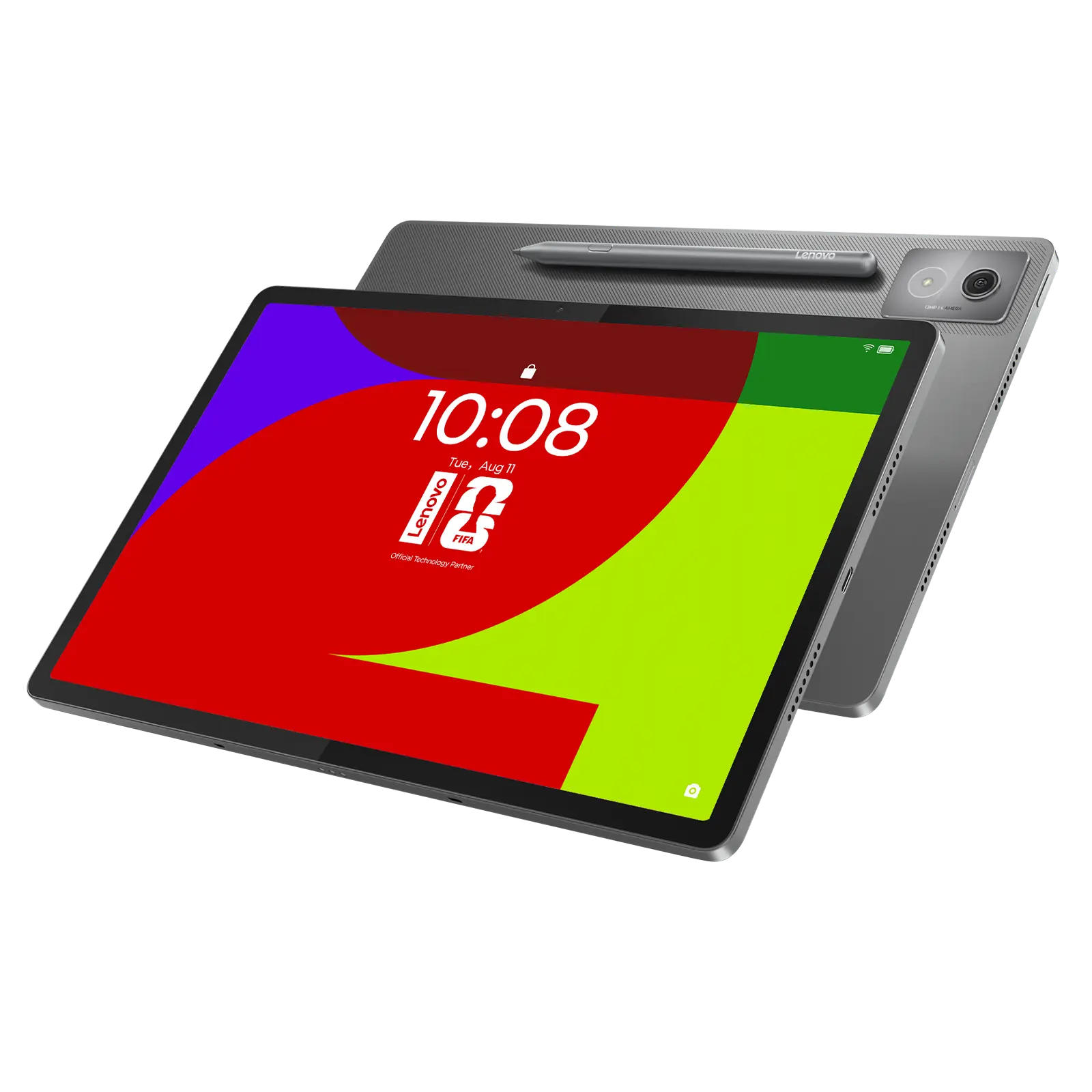 Two Lenovo Idea Tab Pro tablets in Luna Grey, overlapping back-to-back, view from front right, horizontal, with Android lock screen on the display of the top tablet and a Lenovo Tab Pen Plus on the back of the bottom tablet