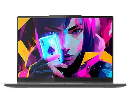 Front view, with a figure holding an Ace of Spades on the display, of the Lenovo Yoga 2-in-1 Gen 11 Aura Edition (14” Intel). מחשב נייד Yoga 7 2-in-1 14IPH11 83TC004MIV מבית Lenovo