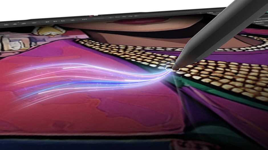 Closeup of the Yoga Pen Gen 2 against the display of the Lenovo Yoga 2-in-1 Gen 11 Aura Edition (14” Intel). מחשב נייד Yoga 7 2-in-1 14IPH11 83TC004MIV מבית Lenovo