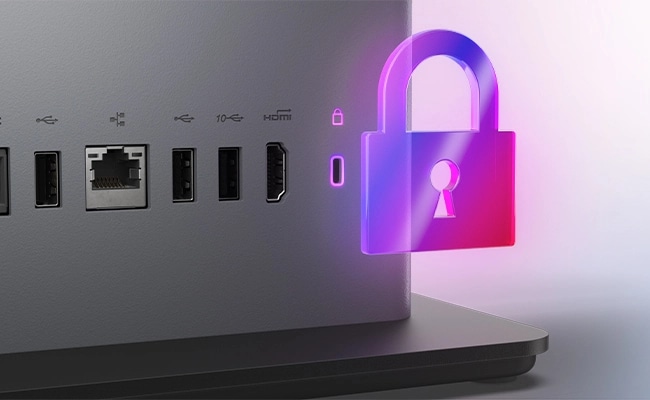 Rear, bottom view of Lenovo ThinkCentre Neo 50a Gen 6 (27" Intel) AIO showcasing its versatile USB ports with lock graphic.