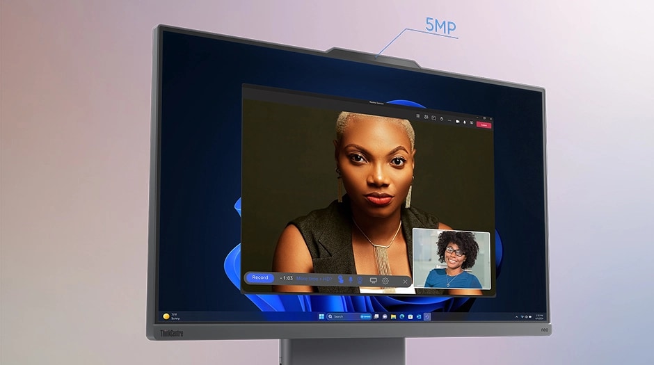 5MP camera indicated above a video call displayed on screen of the Lenovo ThinkCentre Neo 50a Gen 6 (27" Intel) AIO.
