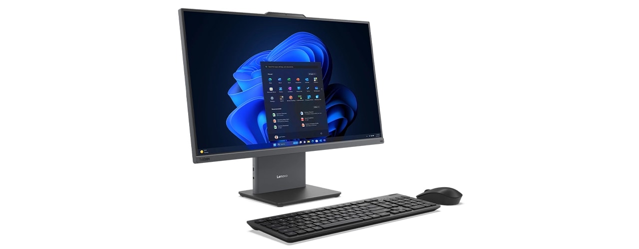 24-inch wide AIO with keyboard and mouse, Windows 11 menu shown on the screen of Lenovo ThinkCentre Neo 50a Gen 6 (24" Intel) AIO desktop.