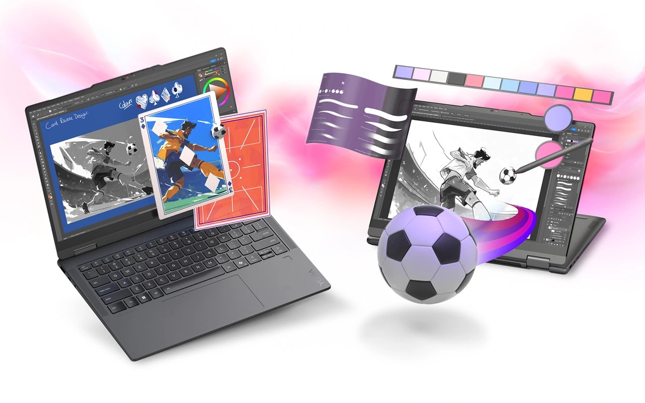 Two views, with soccer-related images emerging from the displays, of the Lenovo Yoga 2-in-1 Gen 11 Aura Edition (14” Intel).