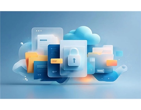 A collection of clouds, folders, and windows with an image of a padlock in the foreground illustrating enhanced security. מחשב נייד IdeaPad Slim 5 16AHP11 83S40013IV מבית Lenovo