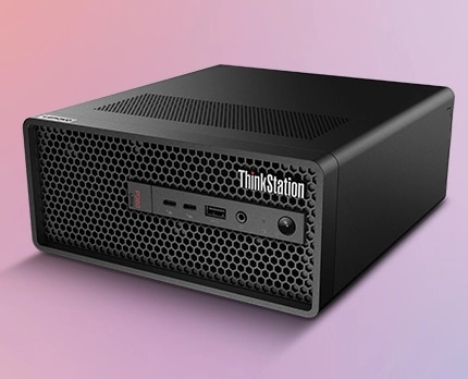 Primer plano frontal superior de la PC de escritorio Lenovo ThinkStation P360. 