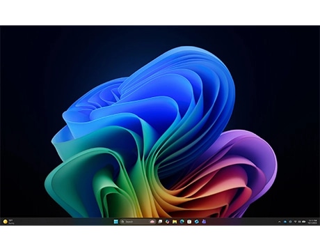 Windows 11 desktop with vibrant abstract background on the Lenovo Yoga AIO i Gen 11 Aura Edition PC screen.