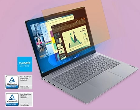 Eyesafe- und Low Blue Light-Zertifizierungsabzeichen neben einem Lenovo ThinkBook 14 Gen 9 Notebook mit geöffneten Apps auf dem Bildschirm.
