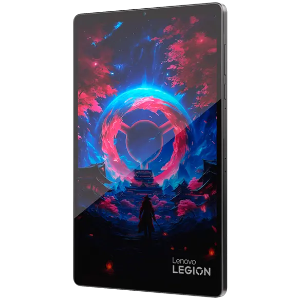 En Eclipse Black Lenovo Legion Tab Gen 5 (8,8" Snapdragon) gaming-tablet set fra en vinkel med et Lenovo Legion-skærmfyld og knapperne på højre side i stående orientering.