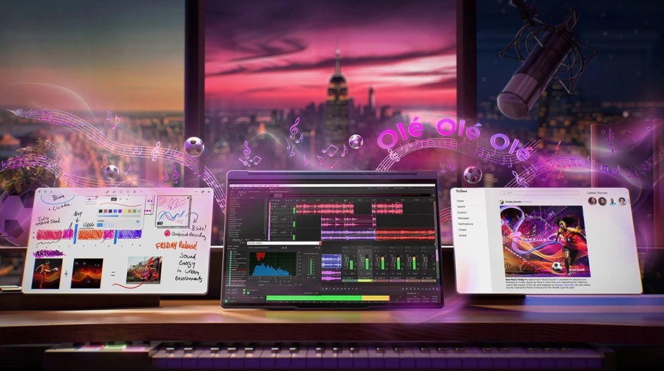 Three displays showing creative software with musical elements, Lenovo YOGA 9i 2-in-1 Gen 11 Aura Edition. מחשב נייד Yoga 9 2-in-1 Aura Edition 14IPH11 83SE001MIV מבית Lenovo