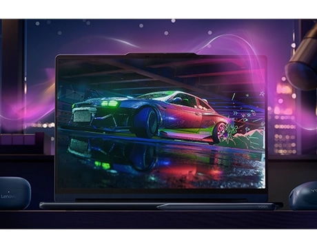 A dynamic image of a racing car with neon effects on the Lenovo YOGA 9i 2-in-1 Gen 11 (14 מחשב נייד Yoga 9 2-in-1 Aura Edition 14IPH11 83SE001MIV מבית Lenovo