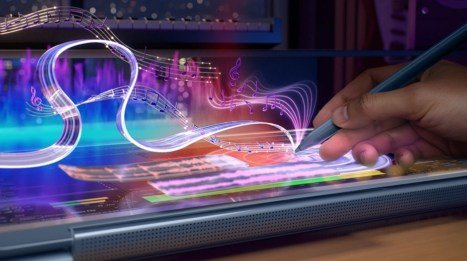 Hand using a stylus on a vibrant screen with music notes, showcasing artistic features on the YOGA 9i 2-in-1 Gen 11 Aura Edition. מחשב נייד Yoga 9 2-in-1 Aura Edition 14IPH11 83SE001MIV מבית Lenovo