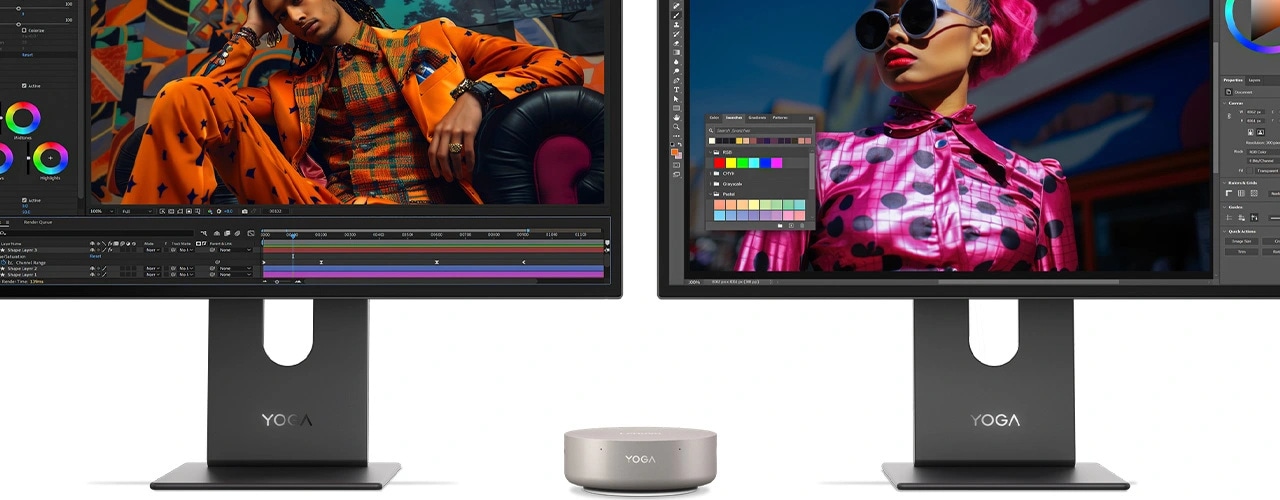 Two monitors display vibrant images via multimedia apps with a Lenovo Yoga Mini i Gen 11 (Intel) PC centered below them, boasting its versatile connectivity & power.