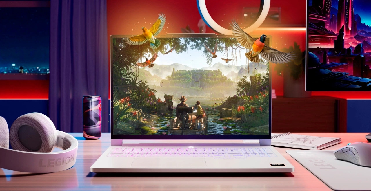 A vibrant game scene displayed on a Lenovo Legion laptop, surrounded by colorful birds in a lively room.