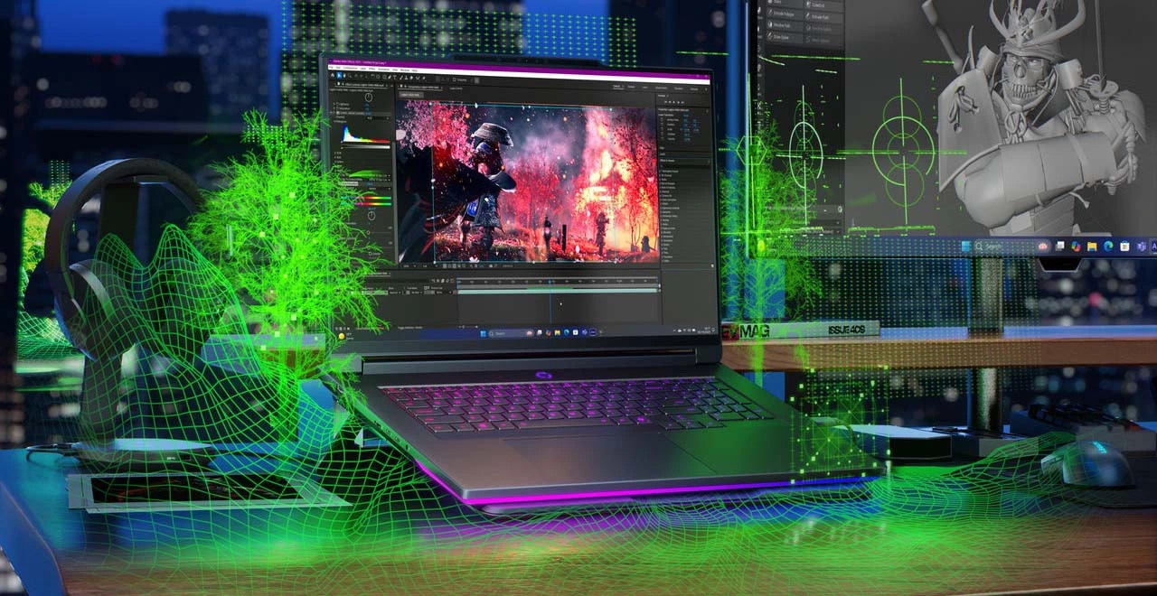 A gaming setup with a laptop displaying digital overlays like 